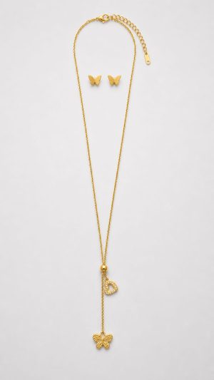 Juego cadena larga arete mariposa corazon con brillos dorado
