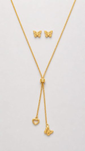 Juego cadena arete mariposa corazon liso dorado