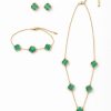 Juego cadena,pulsera y aretes trébol verde dorado
