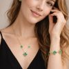 Juego cadena,pulsera y aretes trébol verde dorado