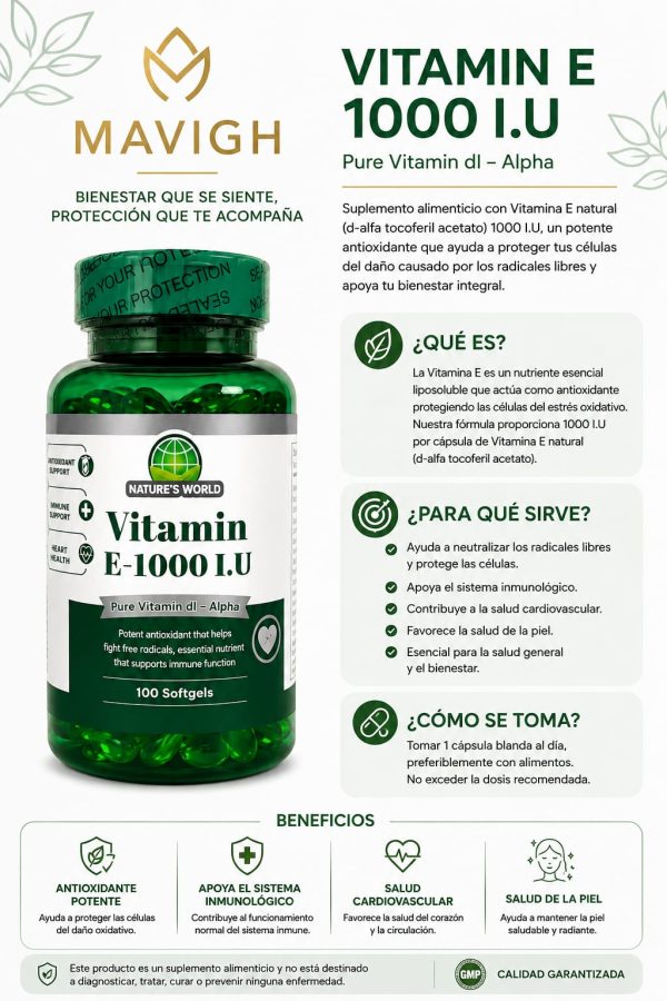 Vitamin E-1000 I.U (100 softgels) Natures World