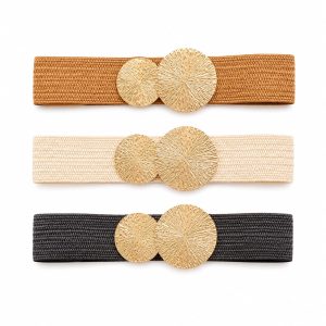 Cinturón tejido trenzado hebilla circular dorada (negro,camel,marron)