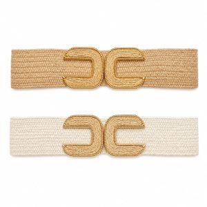 Cinturón tejido con hebilla dorada diseño doble U invertido (beige,marfil)