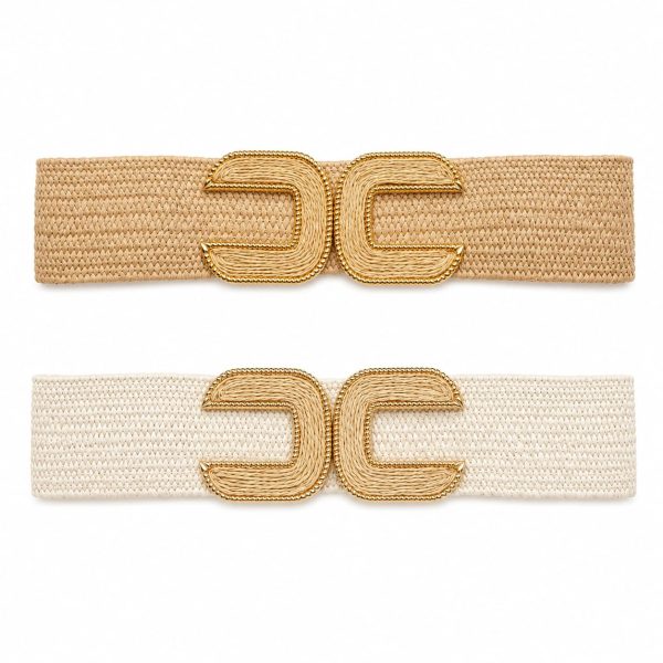 Cinturón tejido con hebilla dorada diseño doble U invertido (beige,marfil)