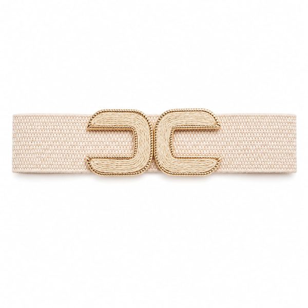 Cinturón tejido con hebilla dorada diseño doble U invertido (beige,marfil)