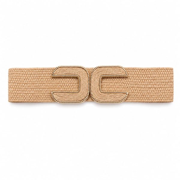 Cinturón tejido con hebilla dorada diseño doble U invertido (beige,marfil)