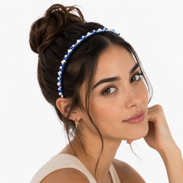Diadema satinada con perlas decorativas (negro,lila,blanco,rosa,azul,marron)