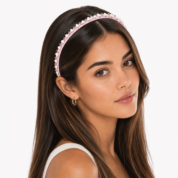 Diadema satinada con perlas decorativas (negro,lila,blanco,rosa,azul,marron)