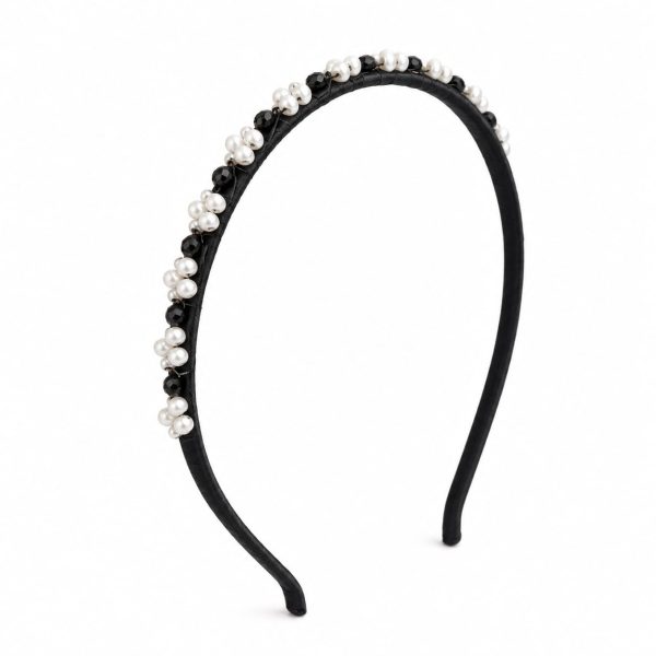 Diadema satinada con perlas decorativas (negro,lila,blanco,rosa,azul,marron)