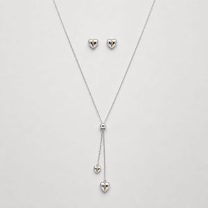 Juego cadena ajustable y arete diseño corazon plateado