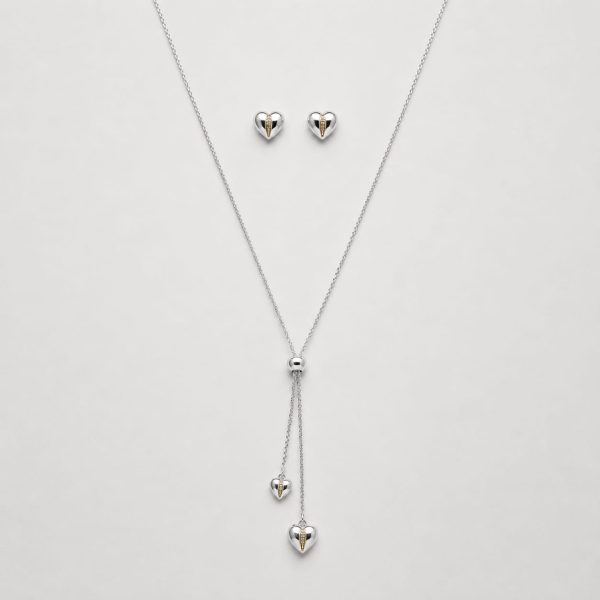 Juego cadena ajustable y arete diseño corazon plateado