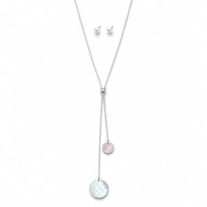 Juego cadena ajustable y arete doble circulo plateado