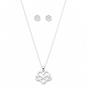 Juego cadena arete corazon infinito plateado