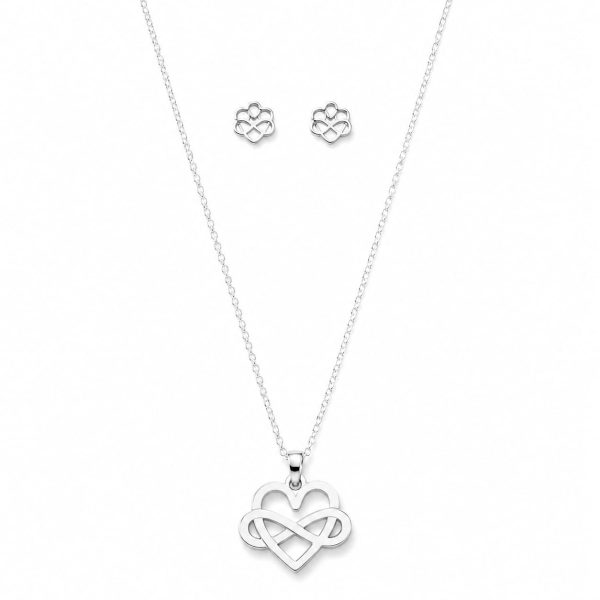 Juego cadena arete corazon infinito plateado