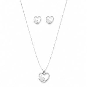Juego cadena arete corazon con osito plateado