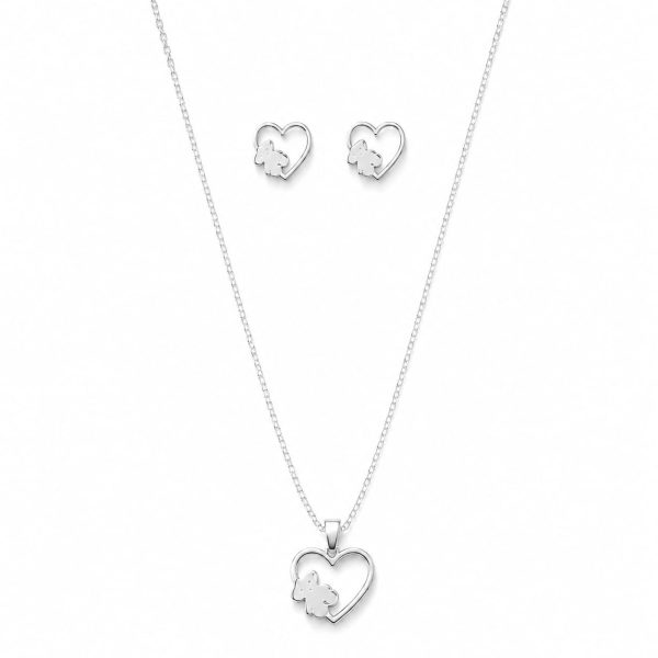 Juego cadena arete corazon con osito plateado