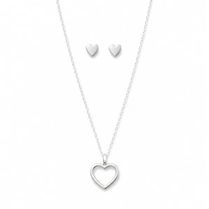 Juego cadena arete corazon plateado