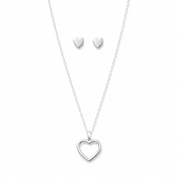 Juego cadena arete corazon plateado