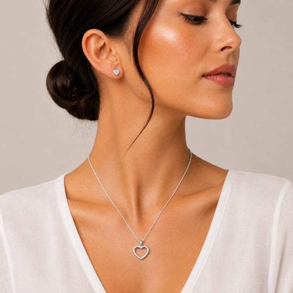Juego cadena arete corazon plateado