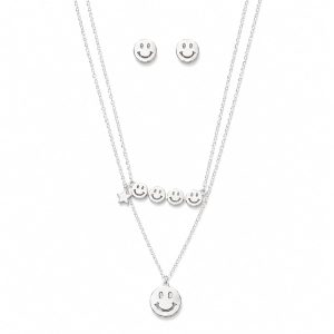 Juego cadena arete carita sonriente plateado