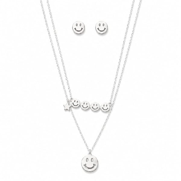 Juego cadena arete carita sonriente plateado