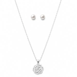 Juego cadena arete flor plateado