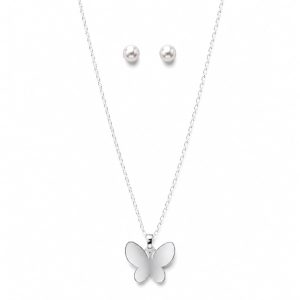 Juego cadena y arete mariposa plateado