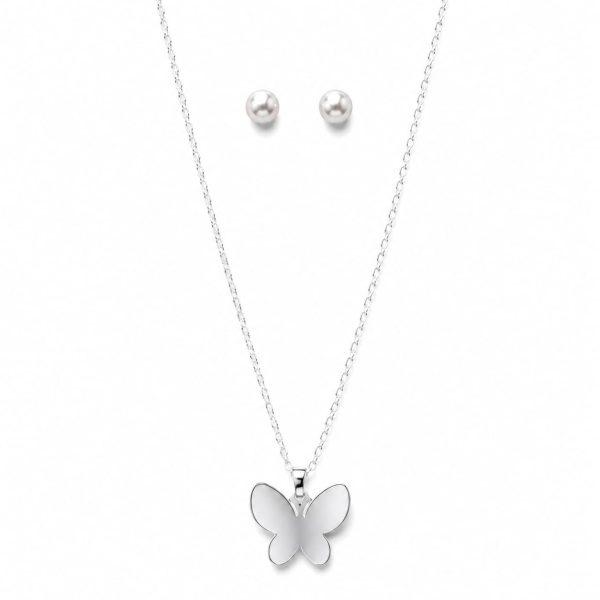 Juego cadena y arete mariposa plateado