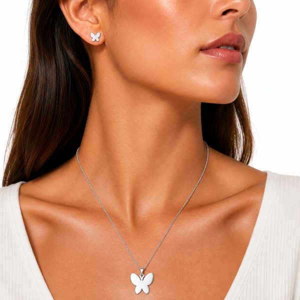 Juego cadena y arete mariposa plateado