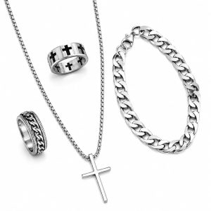 Juego cadena,pulsera 2 anillos color  plateado y negro para hombre