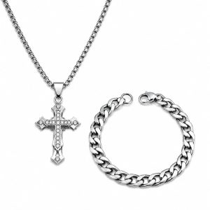Juego cadena dije cruz y pulsera plateada