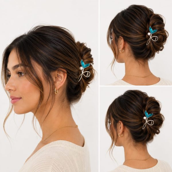 Vincha metálica de cabello diseño hoja azul con perla