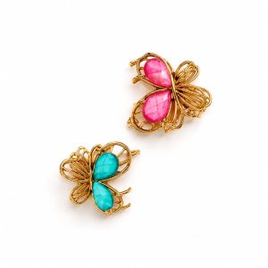 Vincha metálica pequeña mariposa fucsia y turquesa