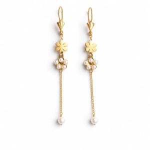 Arete largo floral con perlas y cadena colgante