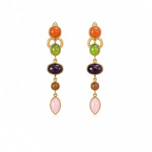 Aretes largos piedras multicolor dorado