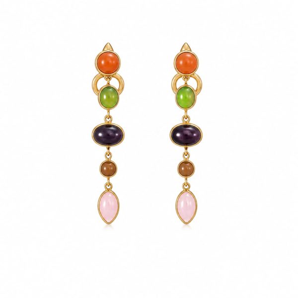 Aretes largos piedras multicolor dorado
