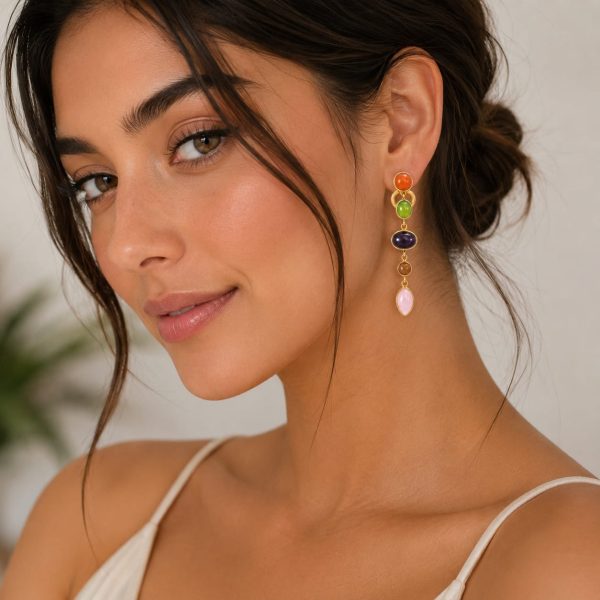Aretes largos piedras multicolor dorado