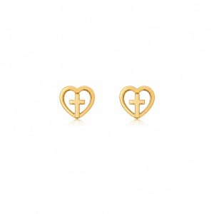 Aretes pequeños corazon con cruz central dorado