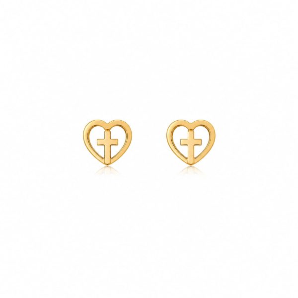 Aretes pequeños corazon con cruz central dorado