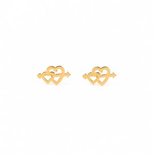 Aretes pequeños corazones entrelazados flecha dorada