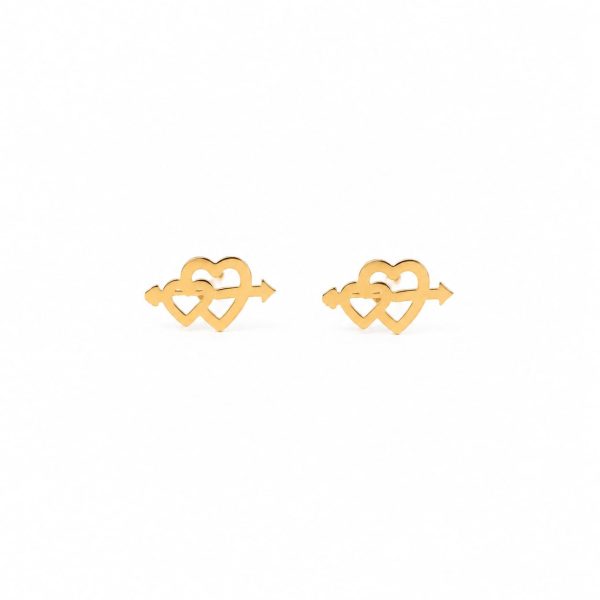 Aretes pequeños corazones entrelazados flecha dorada
