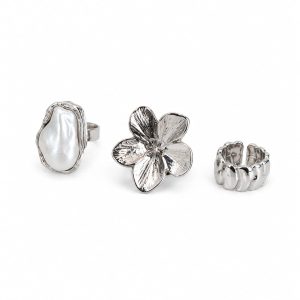 Juego anillos flor,piedra organica,banda de eslabones (3)