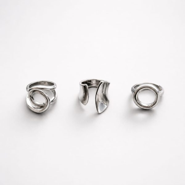 Juego de anillos formas organicas,curvas,geometrico plateado (3)