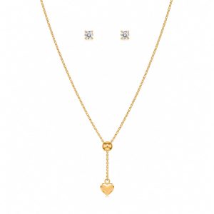 Juego cadena y arete corrediza ajustable circulo dije corazon dorado