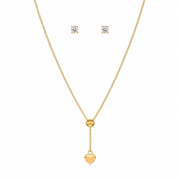 Juego cadena y arete corrediza ajustable circulo dije corazon dorado