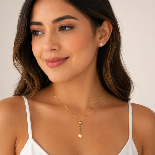 Juego cadena y arete corrediza ajustable circulo dije corazon dorado