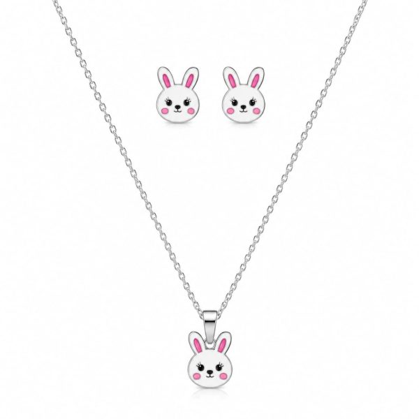 Juego cadena arete diseño conejo plateado para niña