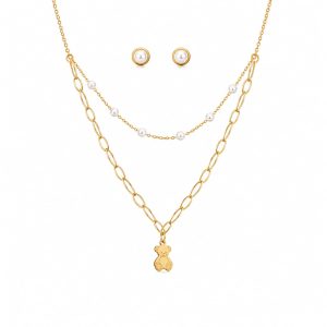 Juego cadena arete dije osito,collar en capas con perlas dorado