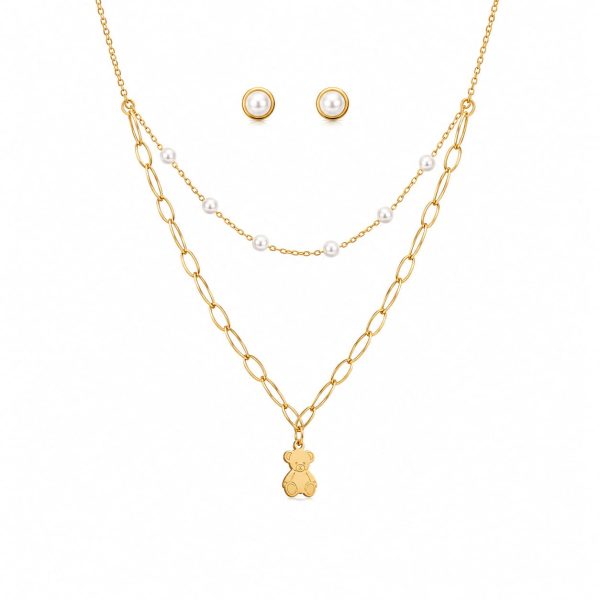 Juego cadena arete dije osito,collar en capas con perlas dorado