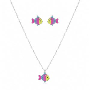 Juego cadena arete diseño pez colores dorado para niña